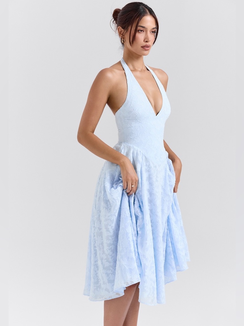 HOUSE OF CB Arietta Floral Jacquard Plunge Halter Neck Dressโ L A-C NWOT $289